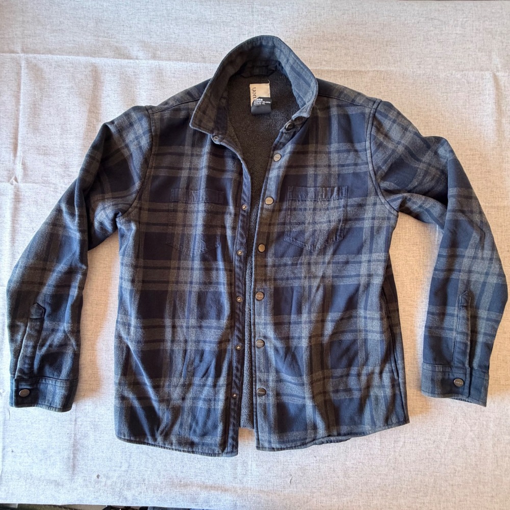 Vuori Mens Plaid Fleece Lined Flannel Shirt Jacket Navy Grey Large V241